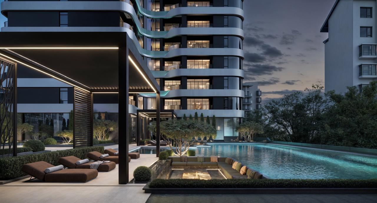 Swimming pool with sun loungers